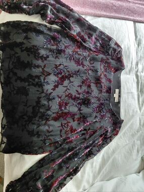 LOFT Black Top with Pink and Red Stitching Detail